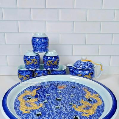 BỘ ẤM CHÉN HAI LỚP RỒNG XANH KÈM KHAY